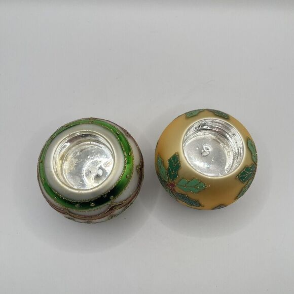 2 Ornament 3" Ball Tea Light (Inc) Candle Holders Gold Frosted Glass Glitter Vtg - Picture 5 of 6
